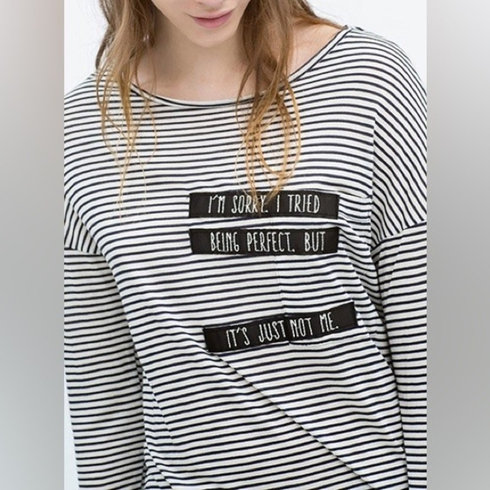 ZARA TRAFALUC Black White Boatneck Striped 3/4 Length Sleeve Graphic Tee